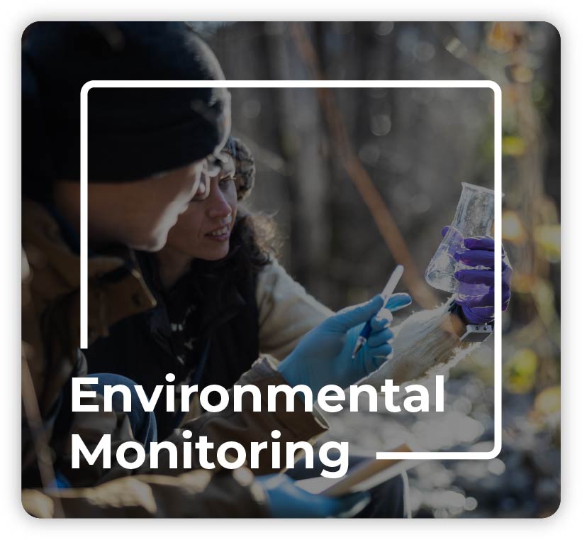 Man and woman in nature holding beaker with text "Environmental Monitoring" overlaid