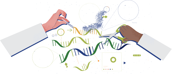 Illustrated artwork representing two scientific hands holding tweezers and scissors, cutting and manipulating scientific cells.