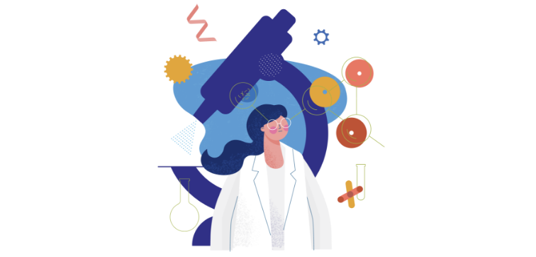 Illustrated artwork representing a female scientist in a lab coat with the outline of a microscope in the background and scientific cells floating around her.