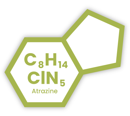 Chemical symbol icon representing Atrazine, with text overlaid "C8H14NlN5" (molecular formula), and "Atrazine".