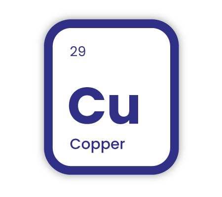 Periodic element icon representing Copper, with text overlaid "30" (periodic number), "Cu" (symbol), and "Copper".