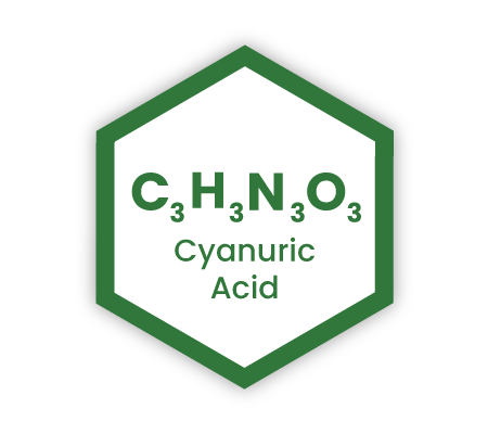Chemical symbol icon representing Cyanuric Acid, with text overlaid "C3H3N3O3" (molecular formula), and "Cyanuric Acid".