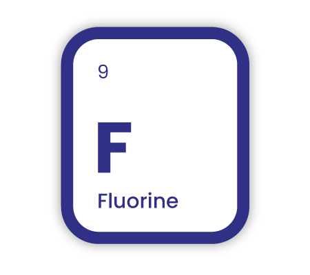 Periodic element icon representing Zinc, with text overlaid "9" (periodic number), "F" (symbol), and "Fluorine".