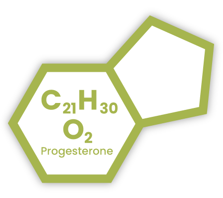 Chemical symbol icon representing Progesterone, with text overlaid "C21H30O2" (molecular formula), and "Progesterone".