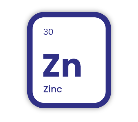 Periodic element icon representing Zinc, with text overlaid "30" (periodic number), "Zn" (symbol), and "Zinc".