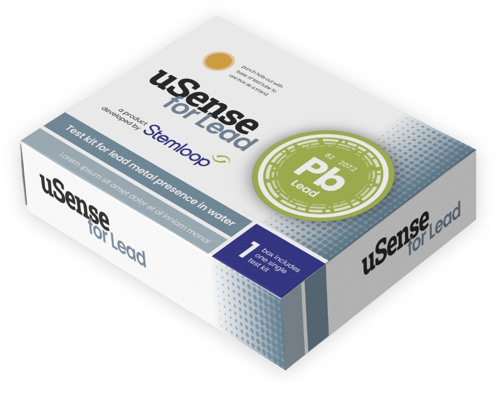 Stemloop "uSense for Lead" test kit box shown at overhead, angled view.