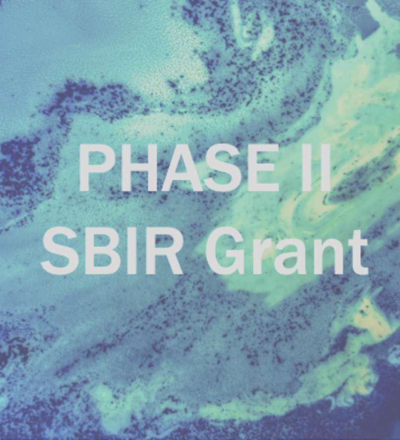 Scientific image of microorganism with text overlaid "Phase 2 SBIR Grant".
