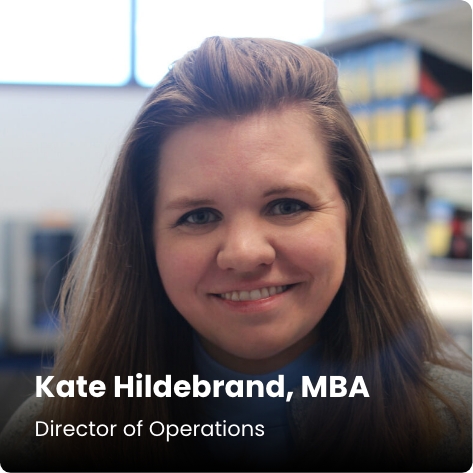 Profile image of Stemloop employee Kate Hildebrand with text overlaid "Kate Hildebrand, MBA, Director of Operations".
