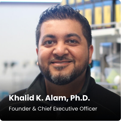 Profile image of Stemloop employee Khalid Alam with text overlaid "Khalid K. Alam, Ph.D., Founder & Chief Executive Officer".